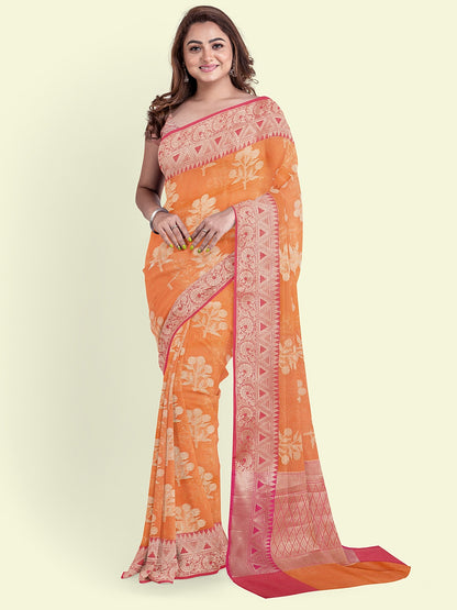 Faishana Presents Handwoven Orange Cotton Blend Floral Boota With Pink Blouse Faishana PresentsSaree