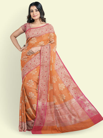 Faishana Presents Handwoven Orange Cotton Blend Floral Boota With Pink Blouse Faishana PresentsSaree