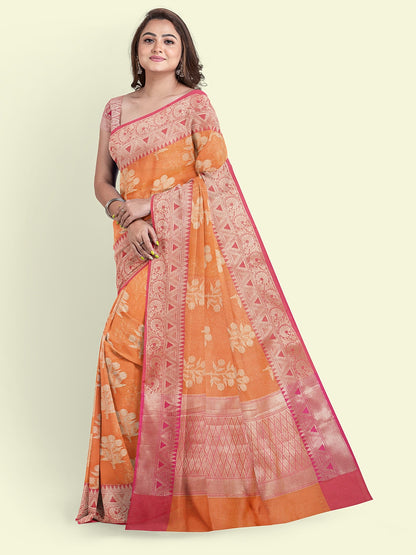 Faishana Presents Handwoven Orange Cotton Blend Floral Boota With Pink Blouse Faishana PresentsSaree
