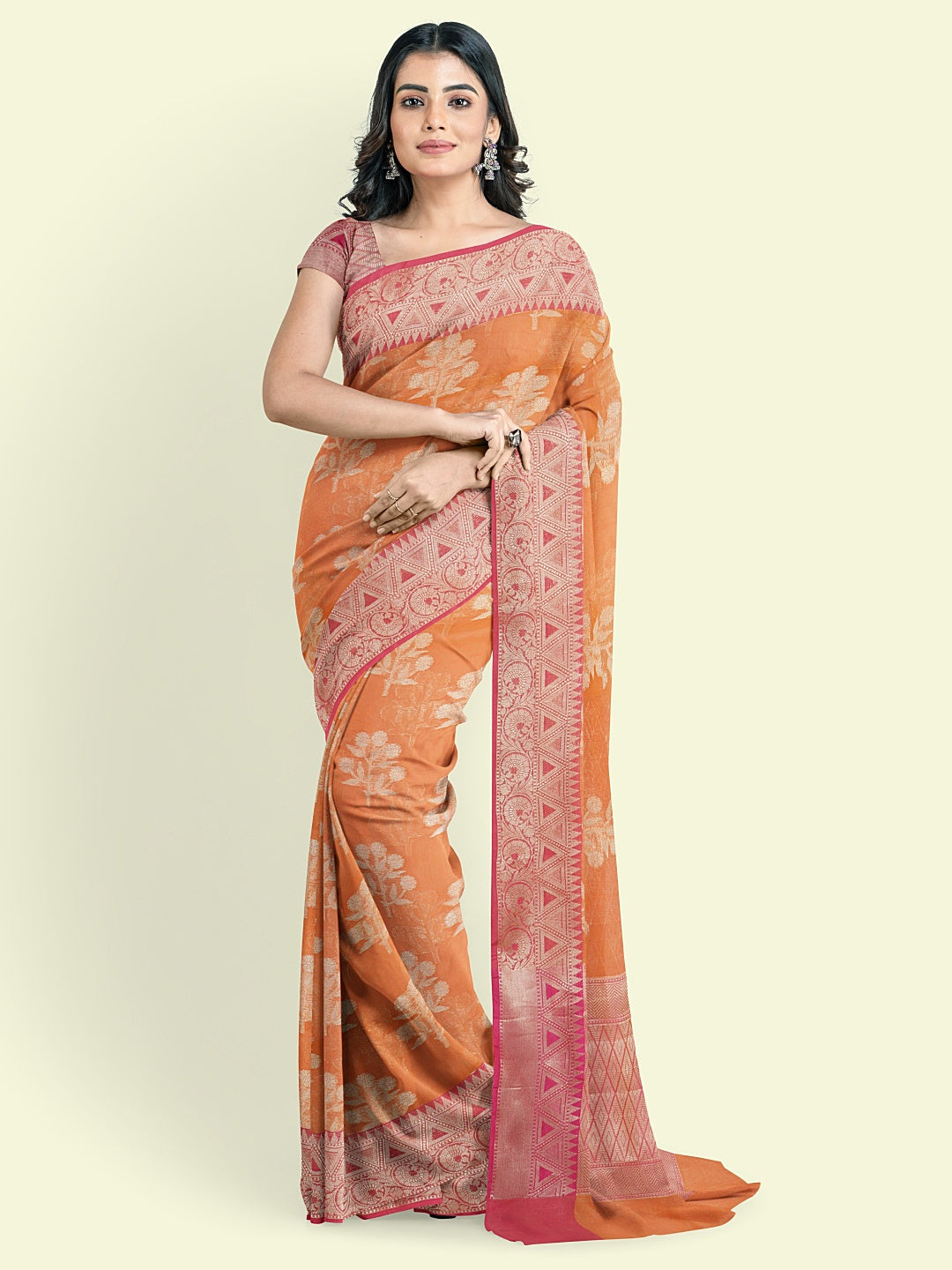 Faishana Presents Handwoven Orange Cotton Blend Floral Boota With Pink Blouse Faishana PresentsSaree