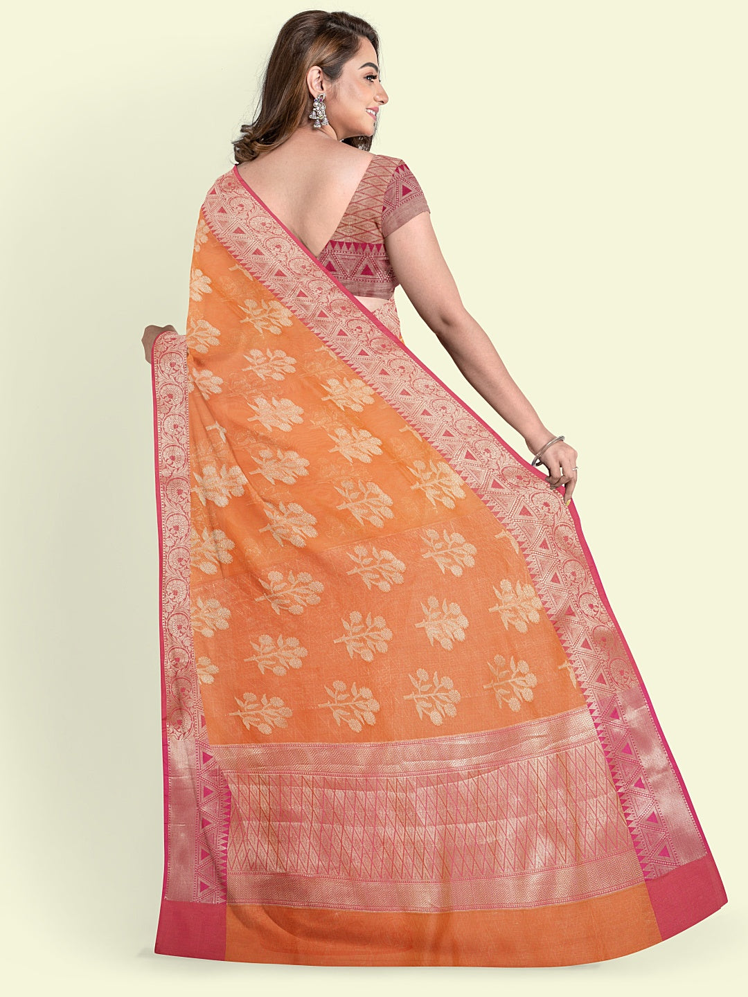 Faishana Presents Handwoven Orange Cotton Blend Floral Boota With Pink Blouse Faishana PresentsSaree