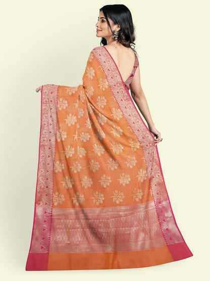 Faishana Presents Handwoven Orange Cotton Blend Floral Boota With Pink Blouse Faishana PresentsSaree