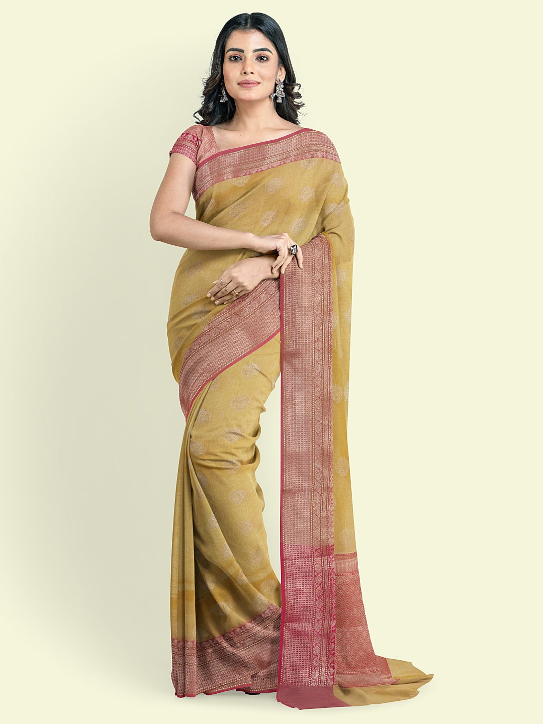 Faishana Presents Handwoven Green Cotton Blend Zari Booti With Maroon Blouse Faishana PresentsSaree