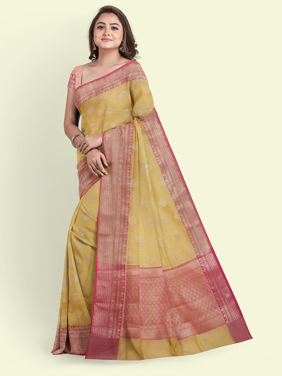 Faishana Presents Handwoven Green Cotton Blend Zari Booti With Maroon Blouse Faishana PresentsSaree