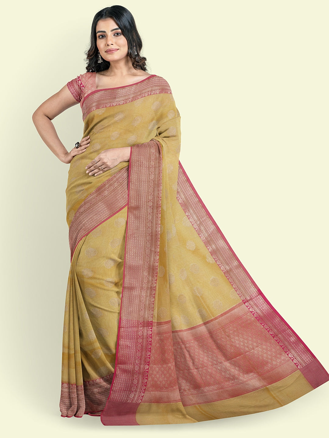 Faishana Presents Handwoven Green Cotton Blend Zari Booti With Maroon Blouse Faishana PresentsSaree
