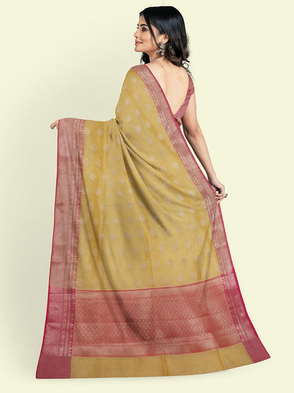 Faishana Presents Handwoven Green Cotton Blend Zari Booti With Maroon Blouse Faishana PresentsSaree
