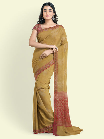 Faishana Presents Beige Woven Organza Pink Border With Pink Blouse Banarasi Saree