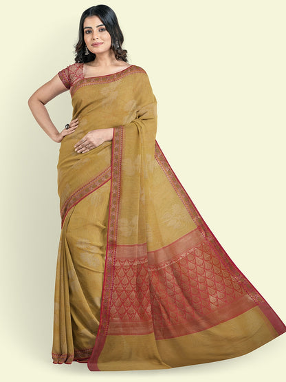 Faishana Presents Beige Woven Organza Pink Border With Pink Blouse Banarasi Saree