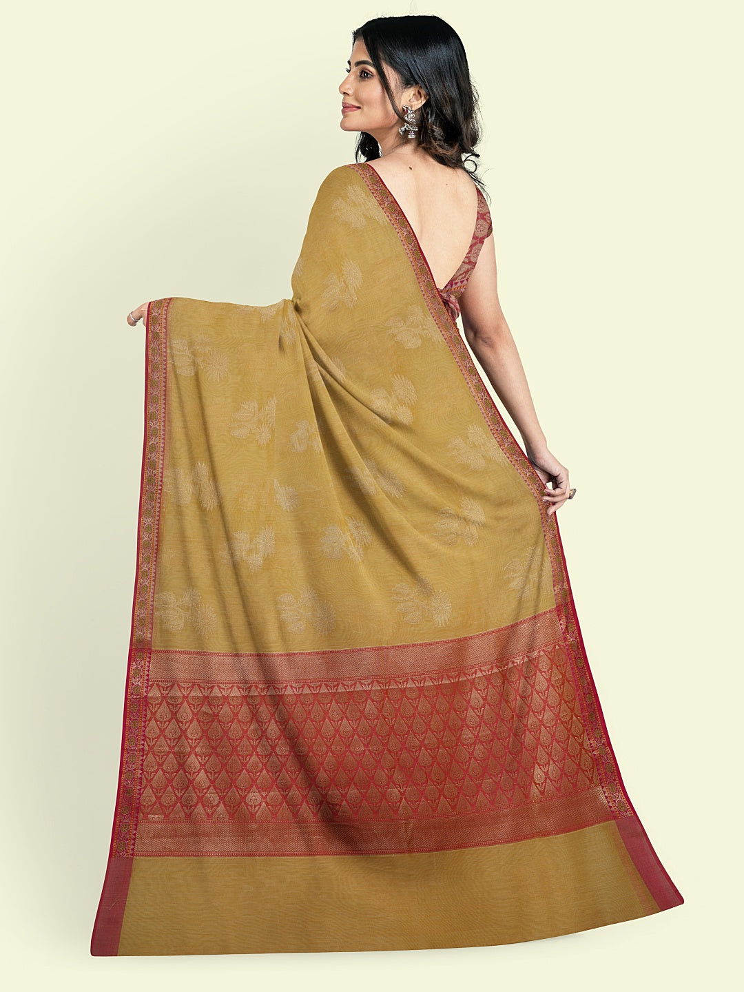 Faishana Presents Beige Woven Organza Pink Border With Pink Blouse Banarasi Saree