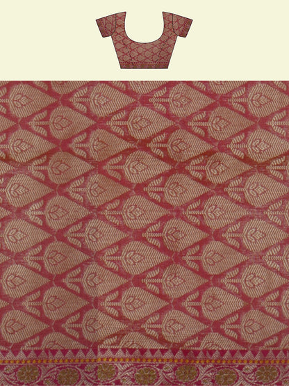 Faishana Presents Beige Woven Organza Pink Border With Pink Blouse Banarasi Saree