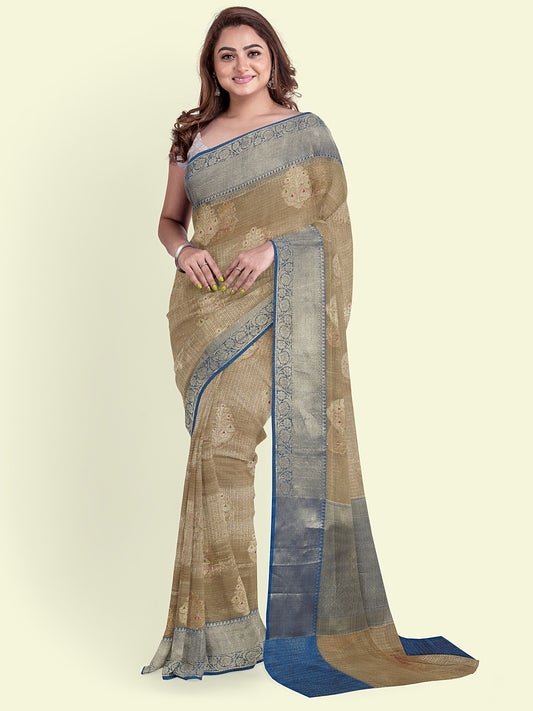 Faishana Presents Grey Woven Organza Blue Border With Blue Blouse Banarasi Saree