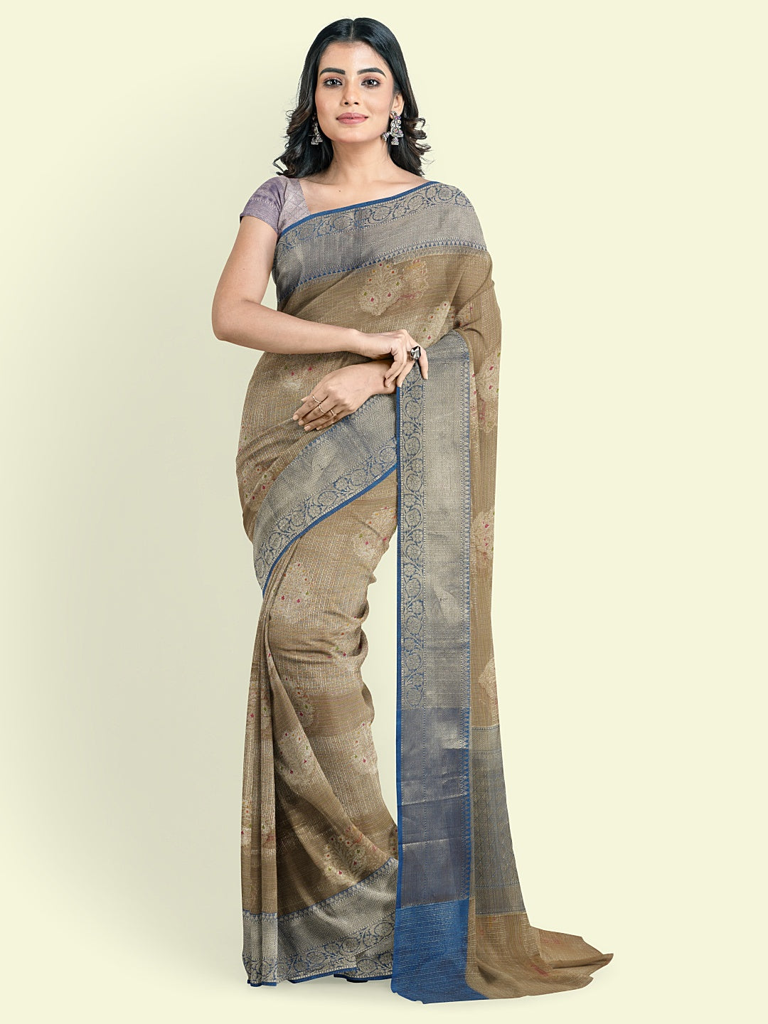 Faishana Presents Grey Woven Organza Blue Border With Blue Blouse Banarasi Saree