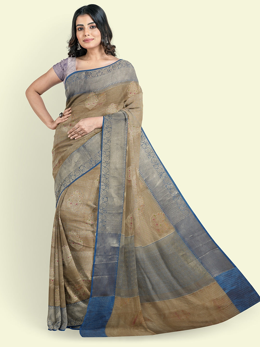Faishana Presents Grey Woven Organza Blue Border With Blue Blouse Banarasi Saree