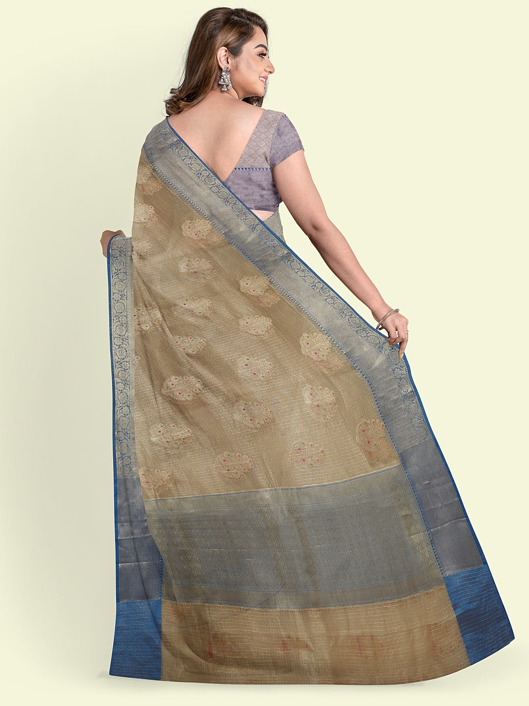 Faishana Presents Grey Woven Organza Blue Border With Blue Blouse Banarasi Saree