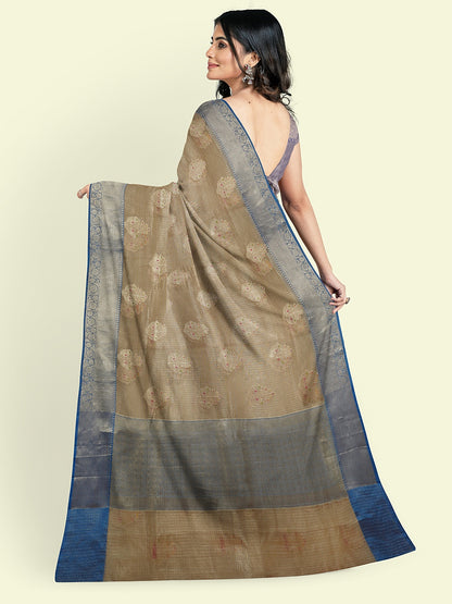 Faishana Presents Grey Woven Organza Blue Border With Blue Blouse Banarasi Saree
