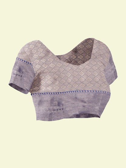 Faishana Presents Grey Woven Organza Blue Border With Blue Blouse Banarasi Saree