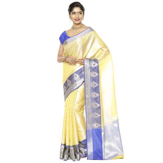 Faishana Presents Gold Silver Zari Kanchi Silk Tanchoi Brocade Contrast Blue Skirt Meena Border Banarasi Saree