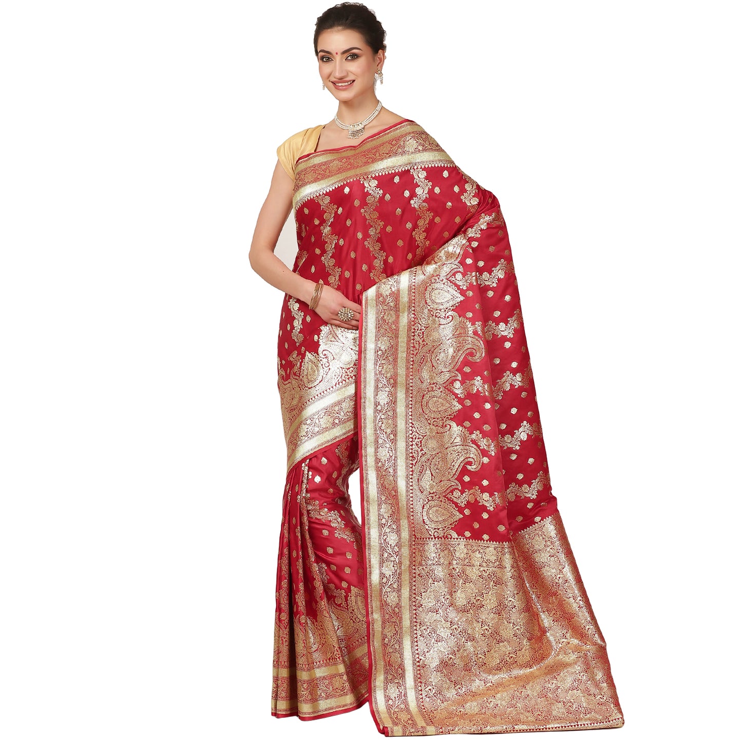 Faishana Presents Light Red Katan Silk Mughal Motif Floral Stripe Banarasi Saree with Blouse piece