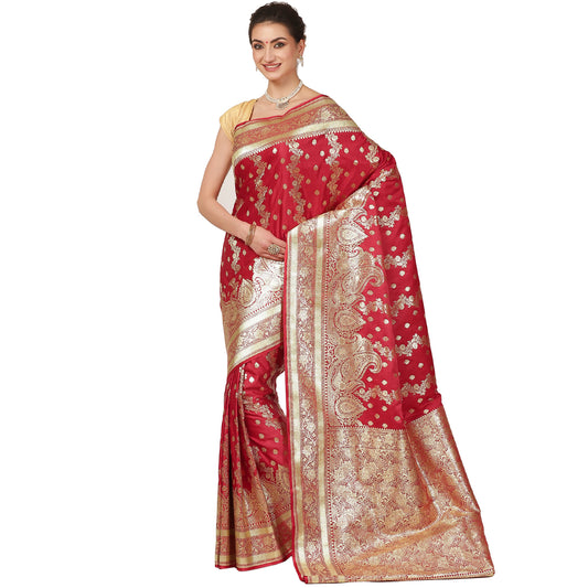 Faishana Presents Light Red Katan Silk Mughal Motif Floral Stripe Banarasi Saree with Blouse piece