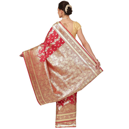 Faishana Presents Light Red Katan Silk Mughal Motif Floral Stripe Banarasi Saree with Blouse piece