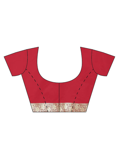 Faishana Presents Light Red Katan Silk Mughal Motif Floral Stripe Banarasi Saree with Blouse piece