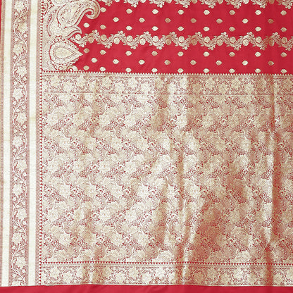 Faishana Presents Light Red Katan Silk Mughal Motif Floral Stripe Banarasi Saree with Blouse piece