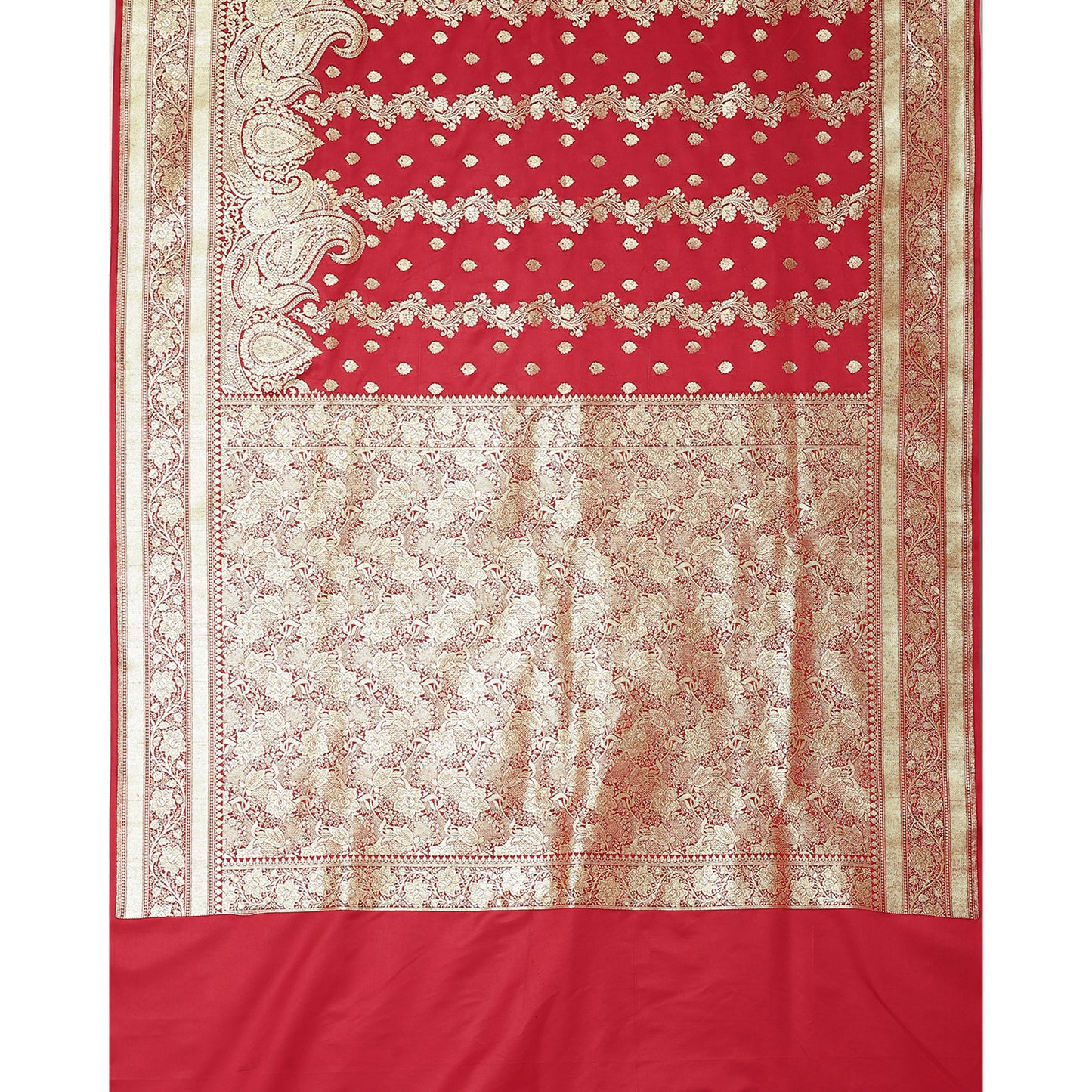 Faishana Presents Light Red Katan Silk Mughal Motif Floral Stripe Banarasi Saree with Blouse piece