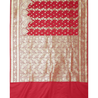 Faishana Presents Light Red Katan Silk Mughal Motif Floral Stripe Banarasi Saree with Blouse piece