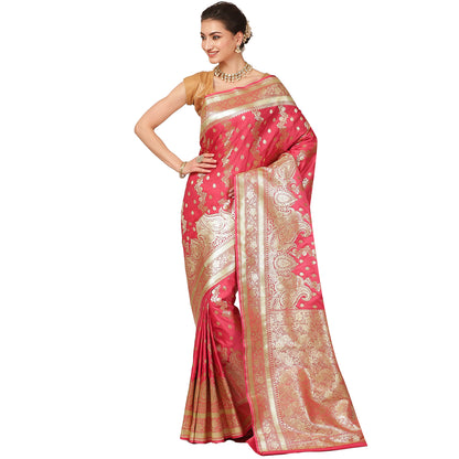Faishana Presents Peach Katan Silk Mughal Motif Floral Stripe Banarasi Saree with Blouse piece