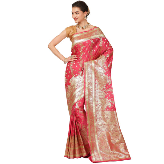 Faishana Presents Peach Katan Silk Mughal Motif Floral Stripe Banarasi Saree with Blouse piece