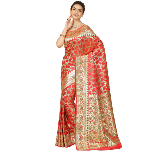 Faishana Presents Peach Katan Silk Floral Minakari Zari Jaal with Paithani Meena Anchal Banarasi Saree