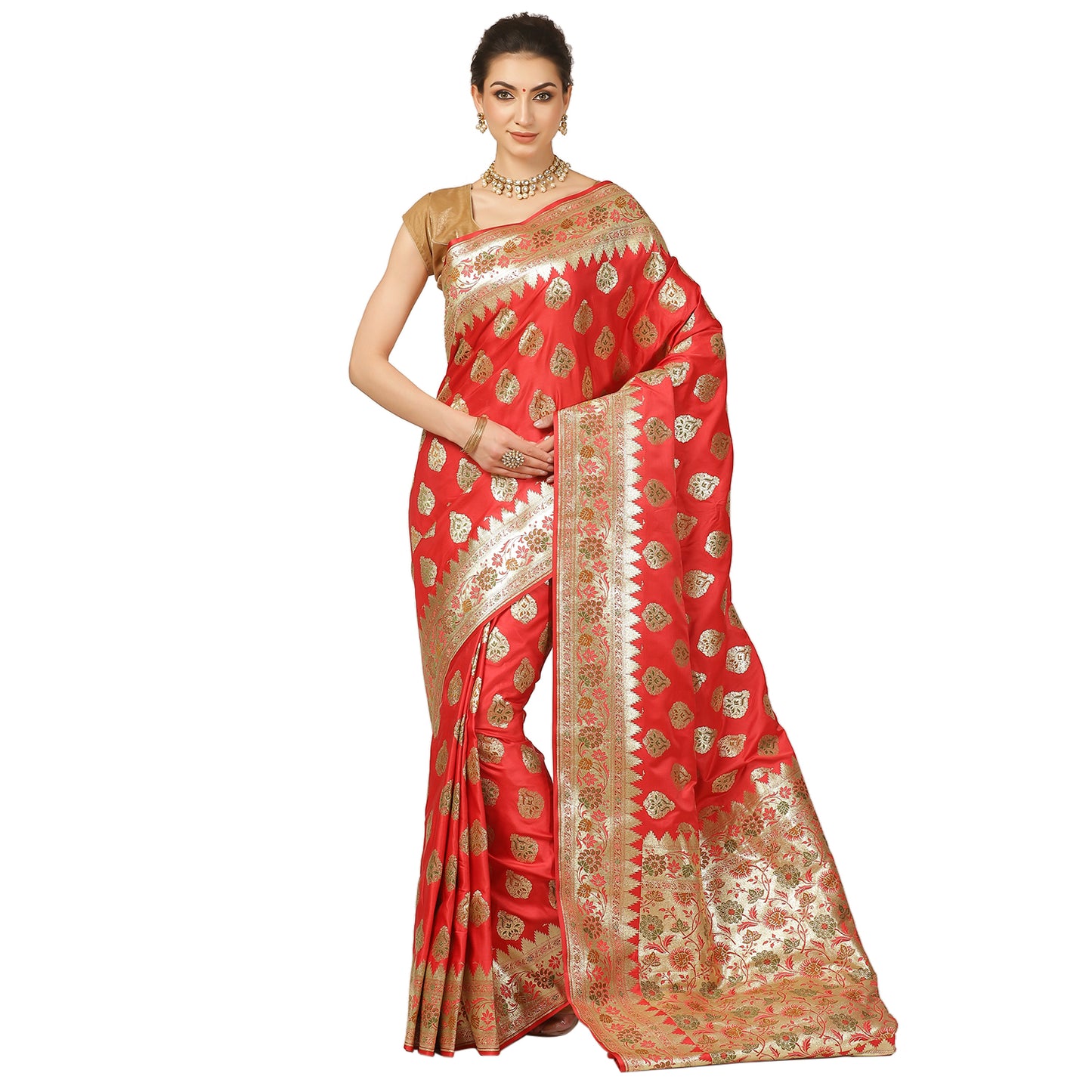 Faishana Peach Katan Silk Floral Meena Boota with Paithani Meena Anchal Border Banarasi Saree