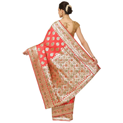 Faishana Peach Katan Silk Floral Meena Boota with Paithani Meena Anchal Border Banarasi Saree