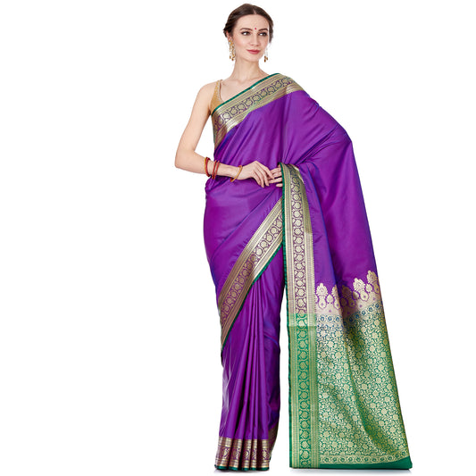 Faishana Presents Purple Plain Satin Silk Banarasi Saree with contrasting Green Floral Pallu and Green Blouse Piece