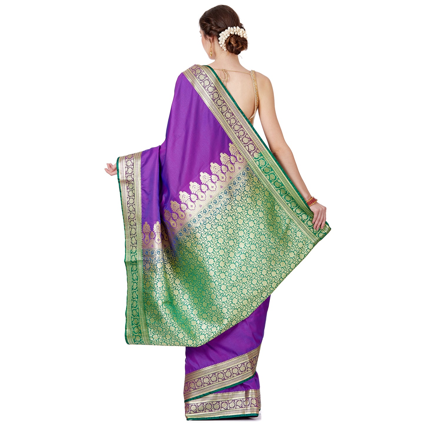 Faishana Presents Purple Plain Satin Silk Banarasi Saree with contrasting Green Floral Pallu and Green Blouse Piece