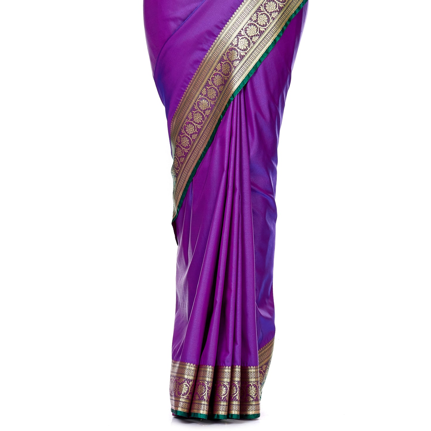 Faishana Presents Purple Plain Satin Silk Banarasi Saree with contrasting Green Floral Pallu and Green Blouse Piece