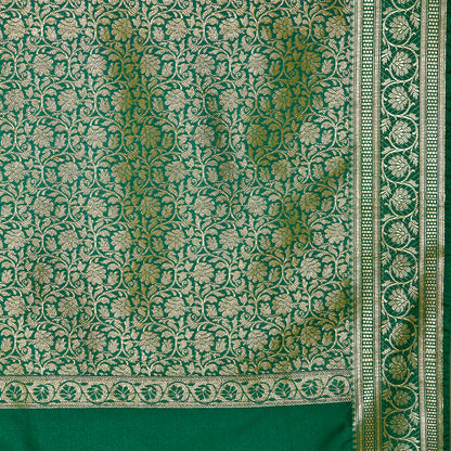 Faishana Presents Purple Plain Satin Silk Banarasi Saree with contrasting Green Floral Pallu and Green Blouse Piece