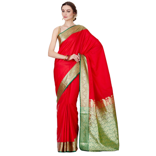 Faishana Presents Red Plain Satin Silk Banarasi Saree with contrasting Green Paisley Pallu and Green Blouse Piece