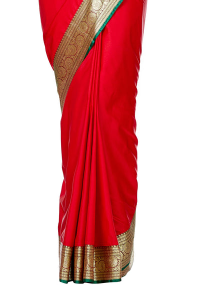 Faishana Presents Red Plain Satin Silk Banarasi Saree with contrasting Green Paisley Pallu and Green Blouse Piece