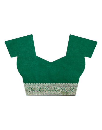 Faishana Presents Red Plain Satin Silk Banarasi Saree with contrasting Green Paisley Pallu and Green Blouse Piece