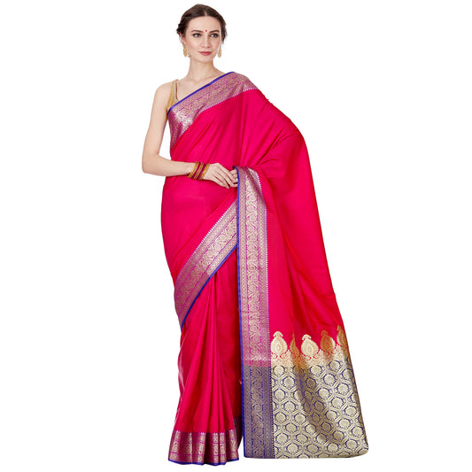 Faishana Presents Pink Plain Satin Silk Banarasi Saree with Contrasting Blue Pallu and Blue Blouse Piece