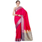 Faishana Presents Pink Plain Satin Silk Banarasi Saree with Contrasting Blue Pallu and Blue Blouse Piece