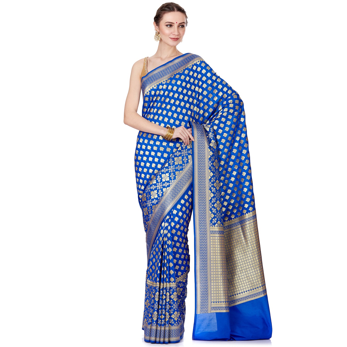 Faishana Blue Satin Silk Zari Floral Booti Saree With Blouse Piece GEJA17