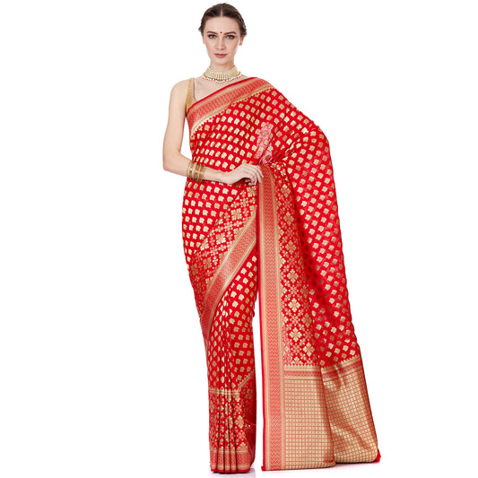 Faishana Presents Red Satin Silk Floral Zari Booti Banarasi Saree with Red Blouse Piece