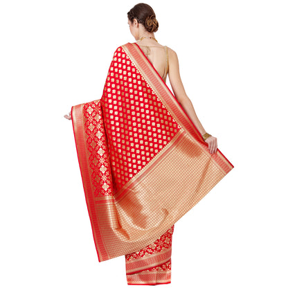 Faishana Presents Red Satin Silk Floral Zari Booti Banarasi Saree with Red Blouse Piece