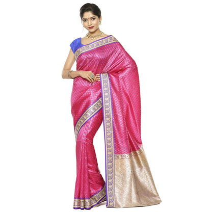 Faishana Presents Pink Tanchoi Stone Contrast Blue Border Art Silk Banarasi Saree With Blouse Piece