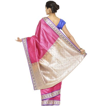 Faishana Presents Pink Tanchoi Stone Contrast Blue Border Art Silk Banarasi Saree With Blouse Piece