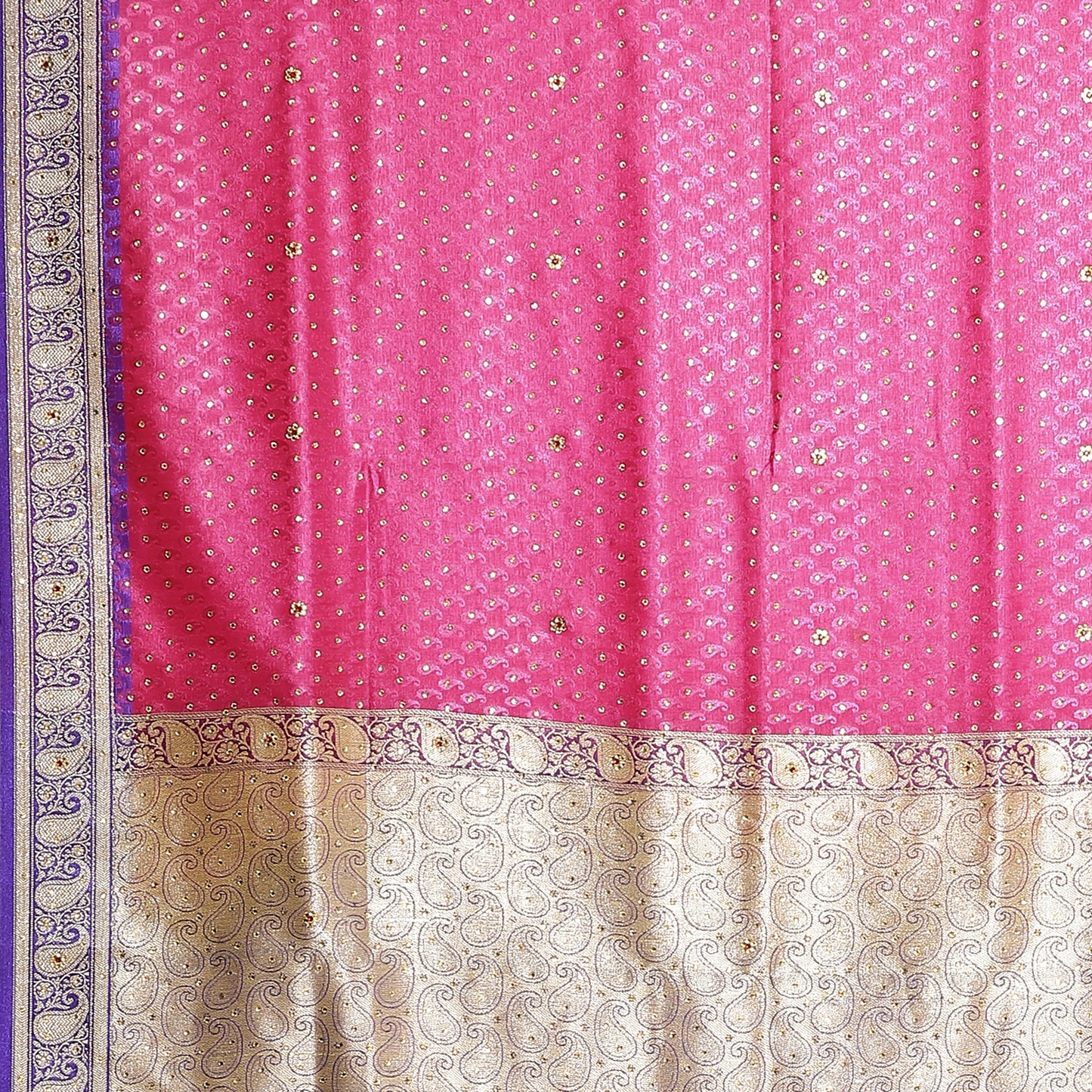 Faishana Presents Pink Tanchoi Stone Contrast Blue Border Art Silk Banarasi Saree With Blouse Piece