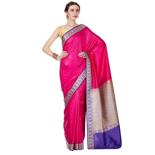 Faishana Presents Pink Satin Silk Floral Booti Saree with Contrast Paisley Pallu and Violet Blouse Piece