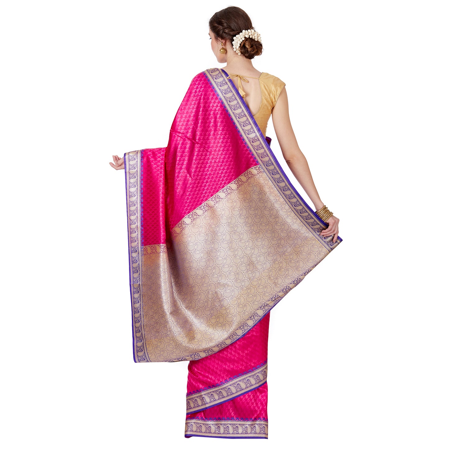 Faishana Presents Pink Satin Silk Floral Booti Saree with Contrast Paisley Pallu and Violet Blouse Piece